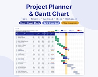 Gantt Chart Excel Template, Project Planner Spreadsheet for Google Sheets & Excel, Project Timeline, Task Tracker, Project Management