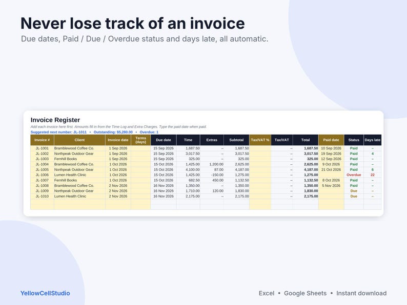 Freelance Invoice Template & Time Tracker Spreadsheet, Google Sheets and Excel, Client Invoice Tracker, Hourly Billing, Small Business image 6