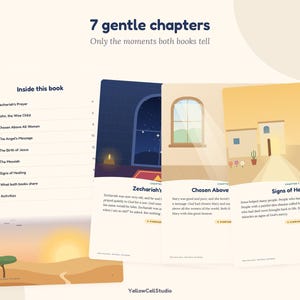 May include: A book page layout titled 7 gentle chapters, Only the moments both books tell. It lists chapters including Zechariah's Prayer and Signs of Healing, alongside illustrations of a night scene, a window, and a desert landscape.