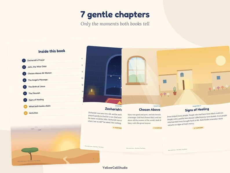 May include: A book page layout titled 7 gentle chapters, Only the moments both books tell. It lists chapters including Zechariah's Prayer and Signs of Healing, alongside illustrations of a night scene, a window, and a desert landscape.