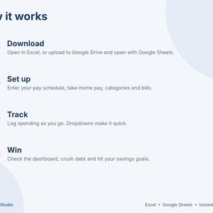 May include: An instructional graphic titled How it works with four numbered steps: 1 Download, 2 Set up, 3 Track, and 4 Win. Each step includes brief text instructions for using a digital budget tracker in Excel or Google Sheets. YellowCellStudio logo.