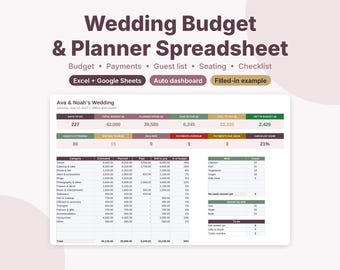 Wedding Budget Spreadsheet & Planner, Google Sheets and Excel Wedding Planner, Guest List, Seating Chart, Vendor Payments, Checklist