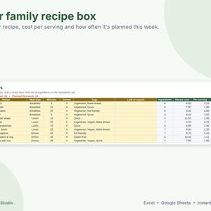 Meal Planner Spreadsheet, Weekly Meal Plan and Grocery List, Google Sheets & Excel Template, Recipe Organizer, Family Menu Planner image 6
