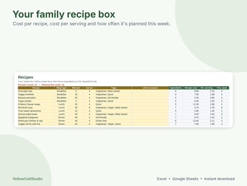 Meal Planner Spreadsheet, Weekly Meal Plan and Grocery List, Google Sheets & Excel Template, Recipe Organizer, Family Menu Planner image 6