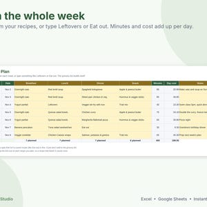 Meal Planner Spreadsheet, Weekly Meal Plan and Grocery List, Google Sheets & Excel Template, Recipe Organizer, Family Menu Planner image 4