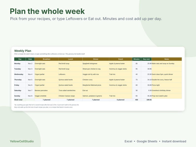 Meal Planner Spreadsheet, Weekly Meal Plan and Grocery List, Google Sheets & Excel Template, Recipe Organizer, Family Menu Planner image 4