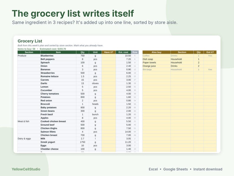 Meal Planner Spreadsheet, Weekly Meal Plan and Grocery List, Google Sheets & Excel Template, Recipe Organizer, Family Menu Planner image 5