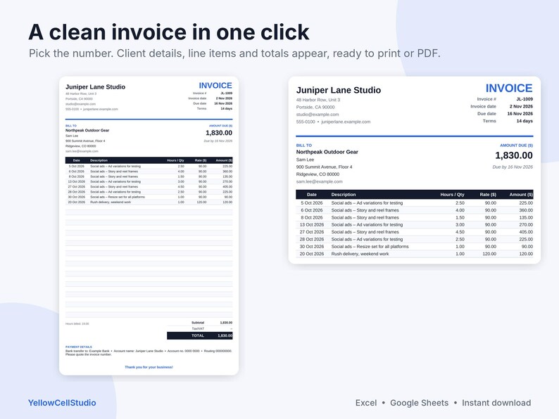 Freelance Invoice Template & Time Tracker Spreadsheet, Google Sheets and Excel, Client Invoice Tracker, Hourly Billing, Small Business image 5