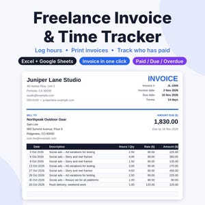 Freelance Invoice Template & Time Tracker Spreadsheet, Google Sheets and Excel, Client Invoice Tracker, Hourly Billing, Small Business image 1