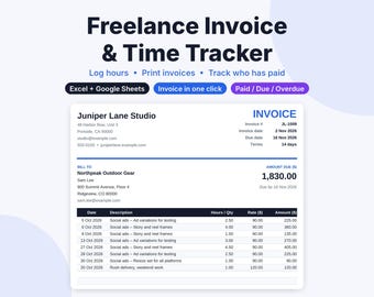 Freelance Invoice Template & Time Tracker Spreadsheet, Google Sheets and Excel, Client Invoice Tracker, Hourly Billing, Small Business