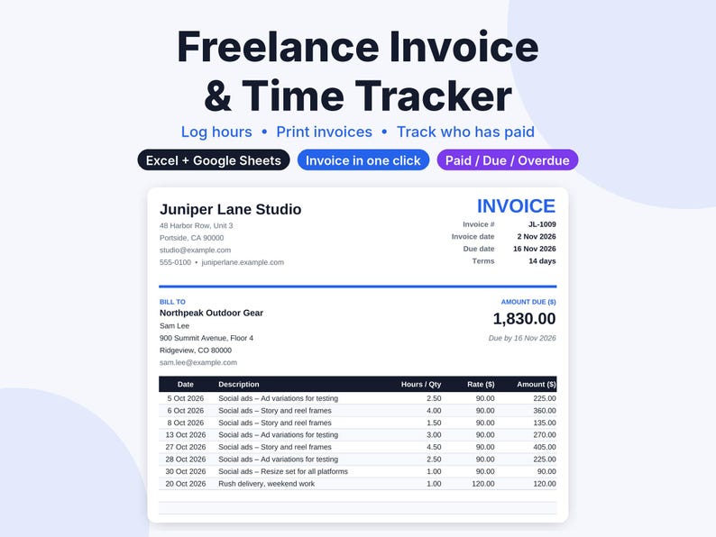 Freelance Invoice Template & Time Tracker Spreadsheet, Google Sheets and Excel, Client Invoice Tracker, Hourly Billing, Small Business image 1