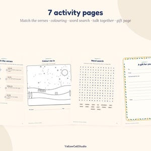 May include: A set of 7 activity pages featuring a match the verses section, a coloring page with a night sky, a word search puzzle, and a gift page with a decorative border. The pages include text such as Match the verses, Colour me in, Word search, and A gift for you.