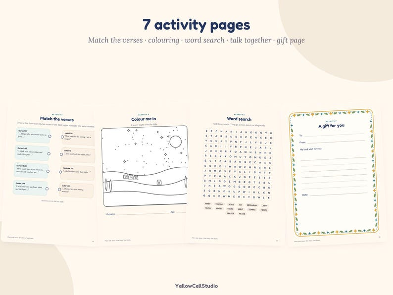May include: A set of 7 activity pages featuring a match the verses section, a coloring page with a night sky, a word search puzzle, and a gift page with a decorative border. The pages include text such as Match the verses, Colour me in, Word search, and A gift for you.