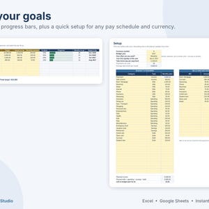 May include: A digital budget planner template featuring a Savings Goals table with progress bars and a Setup sheet with detailed budget categories, bills, and due dates. The layout includes text headers Hit your goals and YellowCellStudio.
