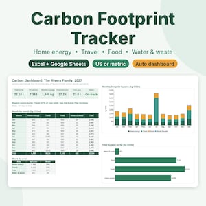 May include: A digital Carbon Footprint Tracker spreadsheet template for Excel and Google Sheets. The interface displays a Carbon Dashboard with data tables, bar charts, and graphs tracking home energy, travel, food, and water and waste.