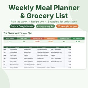 Meal Planner Spreadsheet, Weekly Meal Plan and Grocery List, Google Sheets & Excel Template, Recipe Organizer, Family Menu Planner