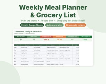 Meal Planner Spreadsheet, Weekly Meal Plan and Grocery List, Google Sheets & Excel Template, Recipe Organizer, Family Menu Planner