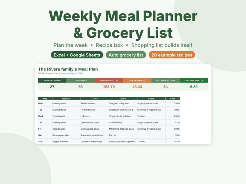 Meal Planner Spreadsheet, Weekly Meal Plan and Grocery List, Google Sheets & Excel Template, Recipe Organizer, Family Menu Planner image 1