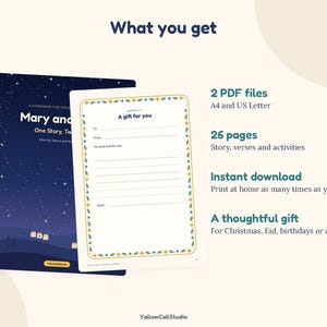 May include: A digital storybook set titled Mary and, featuring a dark blue starry night cover and an activity page with a floral border. The text includes What you get, 2 PDF files, 26 pages, Instant download, and A thoughtful gift.