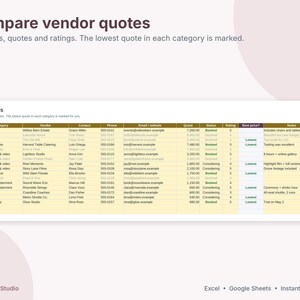 Puede incluir: Una plantilla de hoja de c&aacute;lculo digital titulada Compare vendor quotes, que incluye columnas para categor&iacute;a, proveedor, contacto, tel&eacute;fono, correo electr&oacute;nico, presupuesto, estado, calificaci&oacute;n, mejor precio y notas.