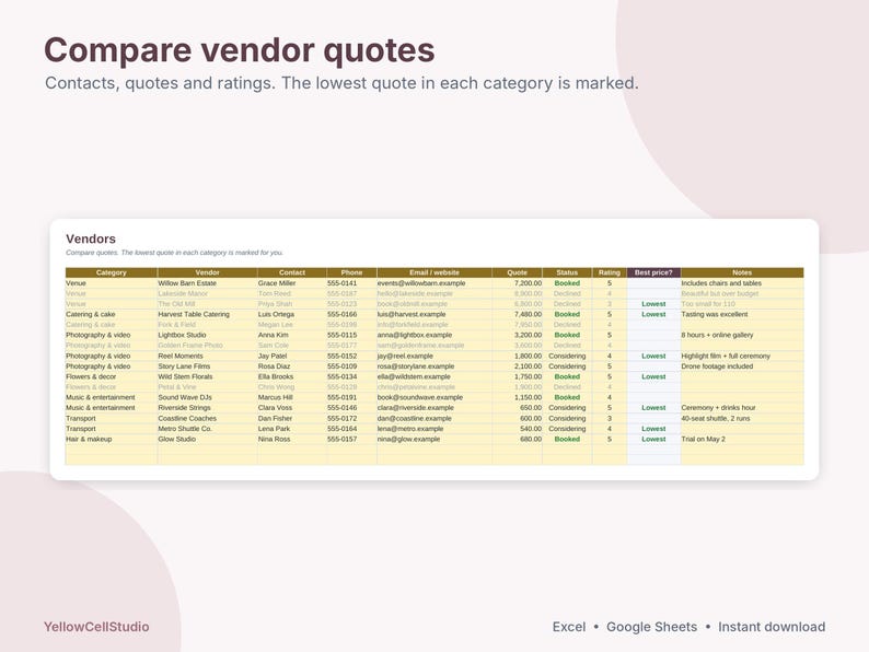 Puede incluir: Una plantilla de hoja de c&aacute;lculo digital titulada Compare vendor quotes, que incluye columnas para categor&iacute;a, proveedor, contacto, tel&eacute;fono, correo electr&oacute;nico, presupuesto, estado, calificaci&oacute;n, mejor precio y notas.