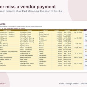 Puede incluir: Una hoja de c&aacute;lculo digital titulada Payments, con columnas para concepto, proveedor, pago, importe, fecha de vencimiento, fecha de pago y estado. La tabla registra gastos de boda con estados de pago, pr&oacute;ximos, vencidos y pendientes.