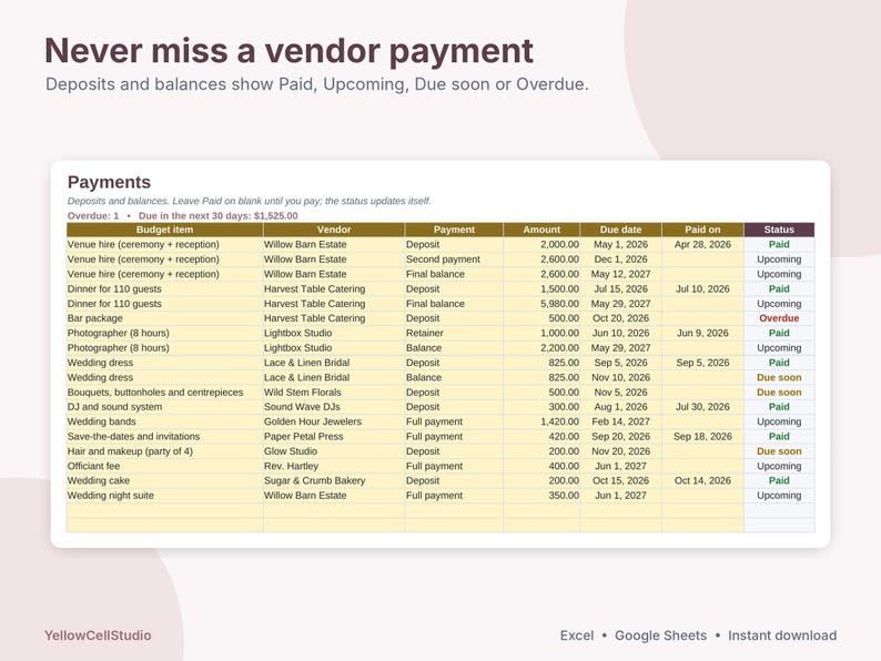 Puede incluir: Una hoja de c&aacute;lculo digital titulada Payments, con columnas para concepto, proveedor, pago, importe, fecha de vencimiento, fecha de pago y estado. La tabla registra gastos de boda con estados de pago, pr&oacute;ximos, vencidos y pendientes.