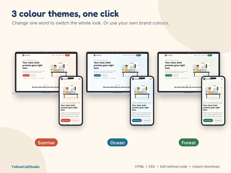 Website Template for Small Business, One Page Landing Page, Coach Website, HTML CSS Template, Edit Without Code, 3 Themes image 2