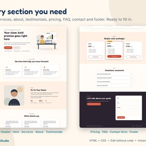 Website Template for Small Business, One Page Landing Page, Coach Website, HTML CSS Template, Edit Without Code, 3 Themes image 4