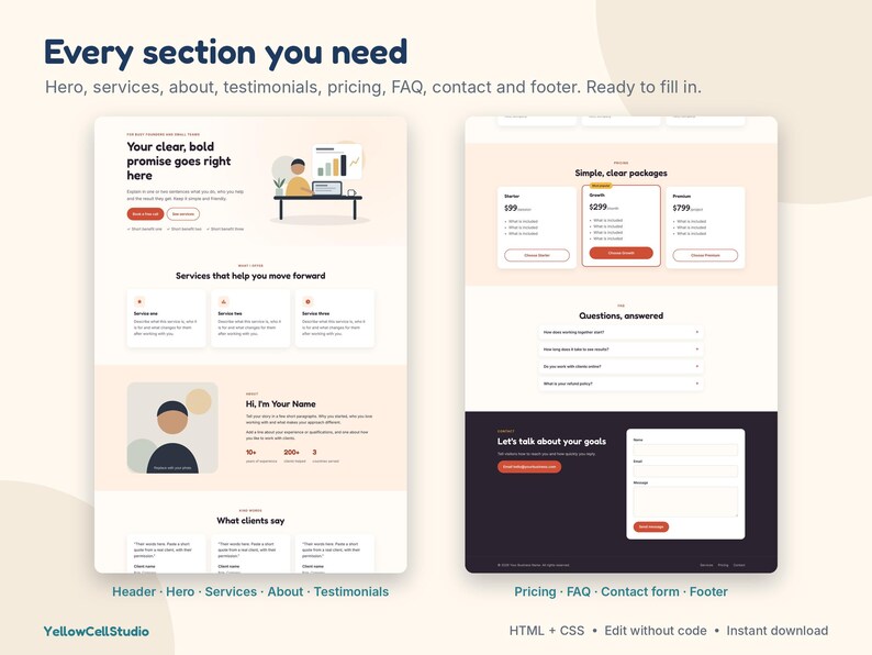 Website Template for Small Business, One Page Landing Page, Coach Website, HTML CSS Template, Edit Without Code, 3 Themes image 4