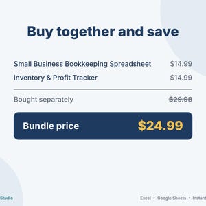 Puede incluir: Un gr&aacute;fico digital que muestra una oferta de paquete para una hoja de c&aacute;lculo de contabilidad para peque&ntilde;as empresas y un rastreador de inventario y ganancias. El texto incluye Buy together and save, Bought separately y Bundle price.