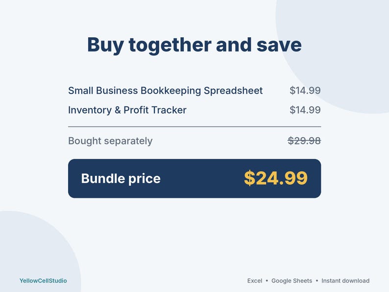 Puede incluir: Un gr&aacute;fico digital que muestra una oferta de paquete para una hoja de c&aacute;lculo de contabilidad para peque&ntilde;as empresas y un rastreador de inventario y ganancias. El texto incluye Buy together and save, Bought separately y Bundle price.