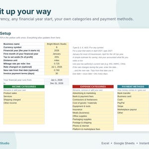 May include: A digital spreadsheet template titled Set it up your way, featuring a setup section with yellow input cells for business details, financial year, tax, and mileage rates, alongside income, expense, and payment method categories.