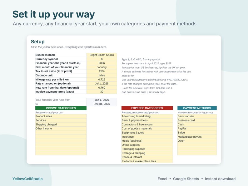 May include: A digital spreadsheet template titled Set it up your way, featuring a setup section with yellow input cells for business details, financial year, tax, and mileage rates, alongside income, expense, and payment method categories.