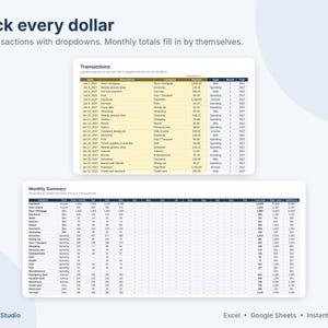 May include: A digital financial tracking spreadsheet featuring a Transactions log and a Monthly Summary table. The text reads Track every dollar, Log transactions with dropdowns. Monthly totals fill in by themselves, and YellowCellStudio.