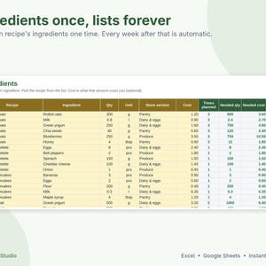 Meal Planner Spreadsheet, Weekly Meal Plan and Grocery List, Google Sheets & Excel Template, Recipe Organizer, Family Menu Planner image 7