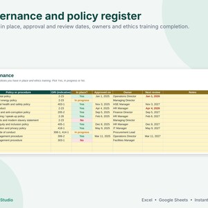 May include: A governance and policy register template featuring a table with columns for policy or procedure, GRI, status, approval date, owner, and next review. The document tracks environmental, climate, and ethics policies.