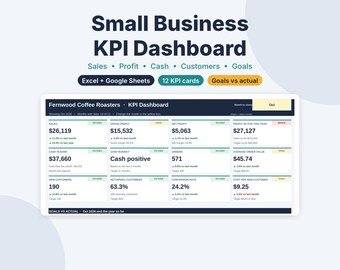 Small Business KPI Dashboard Spreadsheet, Business Dashboard Template, Sales Profit Cash Flow Tracker, Goal Tracker, Excel Google Sheets