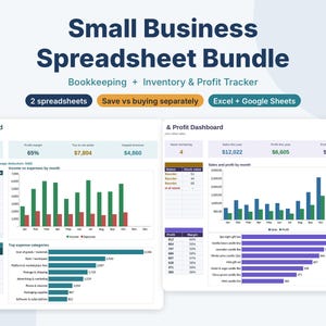 Puede incluir: Un paquete de hojas de c&aacute;lculo para peque&ntilde;as empresas con herramientas de contabilidad, inventario y seguimiento de beneficios. La interfaz digital muestra paneles con datos financieros, gr&aacute;ficos de barras y tablas.