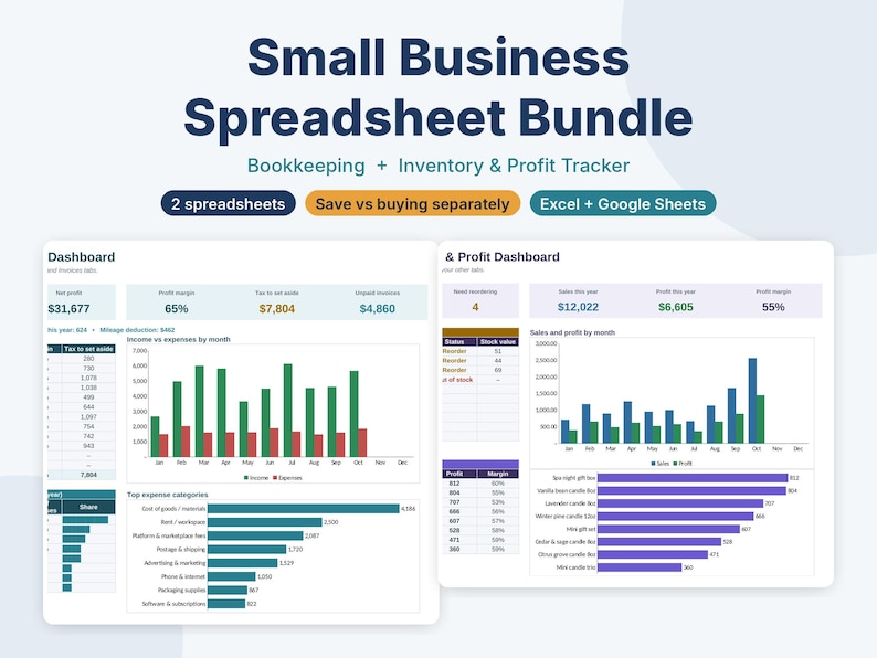 Puede incluir: Un paquete de hojas de c&aacute;lculo para peque&ntilde;as empresas con herramientas de contabilidad, inventario y seguimiento de beneficios. La interfaz digital muestra paneles con datos financieros, gr&aacute;ficos de barras y tablas.