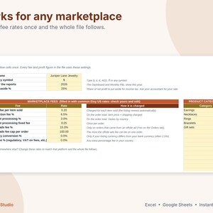 May include: A digital spreadsheet template titled Works for any marketplace, featuring a Setup section for shop name, currency, year, and tax. It includes a table for marketplace fees and product categories like earrings and necklaces.