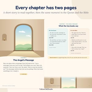 May include: A two-page book spread titled Every chapter has two pages. The left page features an illustration of an arched window overlooking green hills and text titled The Angel's Message. The right page compares Quran and Bible verses.