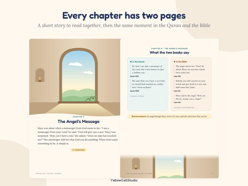 May include: A two-page book spread titled Every chapter has two pages. The left page features an illustration of an arched window overlooking green hills and text titled The Angel's Message. The right page compares Quran and Bible verses.