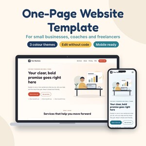 Website Template for Small Business, One Page Landing Page, Coach Website, HTML CSS Template, Edit Without Code, 3 Themes image 1