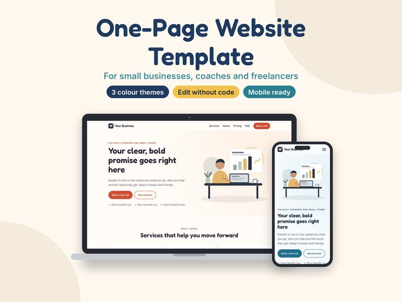 Website Template for Small Business, One Page Landing Page, Coach Website, HTML CSS Template, Edit Without Code, 3 Themes image 1