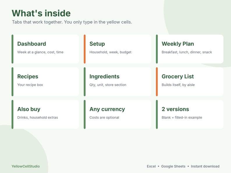 Meal Planner Spreadsheet, Weekly Meal Plan and Grocery List, Google Sheets & Excel Template, Recipe Organizer, Family Menu Planner image 3