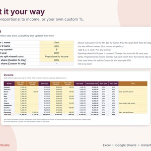 Budgetoverzicht voor stellen, gezamenlijk budget voor twee, sjabloon voor Google Sheets en Excel, overzicht van gedeelde rekeningen, van jou, van mij, van ons, wie is wie geld verschuldigd? afbeelding 6