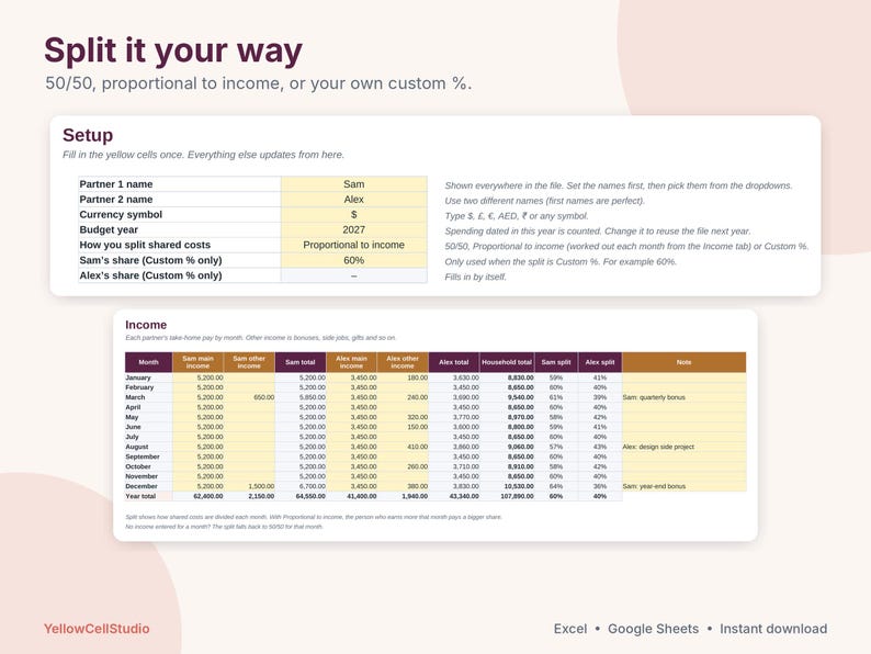 Budgetoverzicht voor stellen, gezamenlijk budget voor twee, sjabloon voor Google Sheets en Excel, overzicht van gedeelde rekeningen, van jou, van mij, van ons, wie is wie geld verschuldigd? afbeelding 6