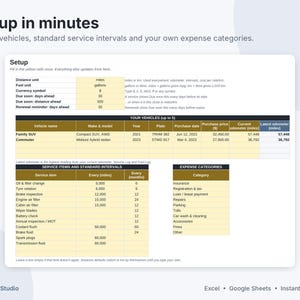 May include: A digital vehicle maintenance and expense tracker spreadsheet template. The interface features sections for setup, vehicle details, service intervals, and expense categories with yellow input cells and dark headers.