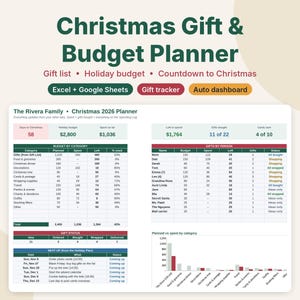 Christmas Budget Planner Spreadsheet, Christmas Gift Tracker & Holiday Budget, Gift List, Card List, Google Sheets Excel Template image 1